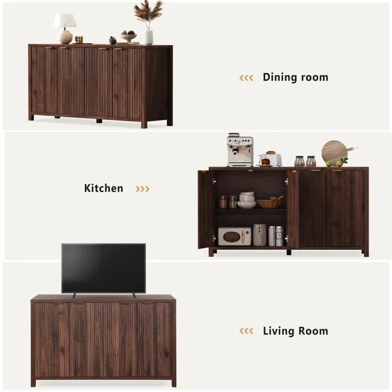 Elegant Fluted Buffet Cabinet with Sculpted Doors, Farmhouse Storage Sideboard for Kitchen Dining Living Room, 55" L × 15.5" W × 33" H, Brown