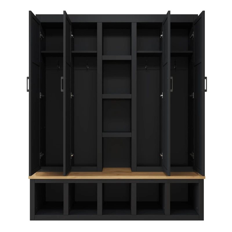 Rustic 4-in-1 Hall Tree Coat Rack with 4 Cabinets and 6 Sturdy Hooks, Shoe Storage Bench Unit for Mudroom, 63'' L x 15.5'' W x 76.5'' H, Black