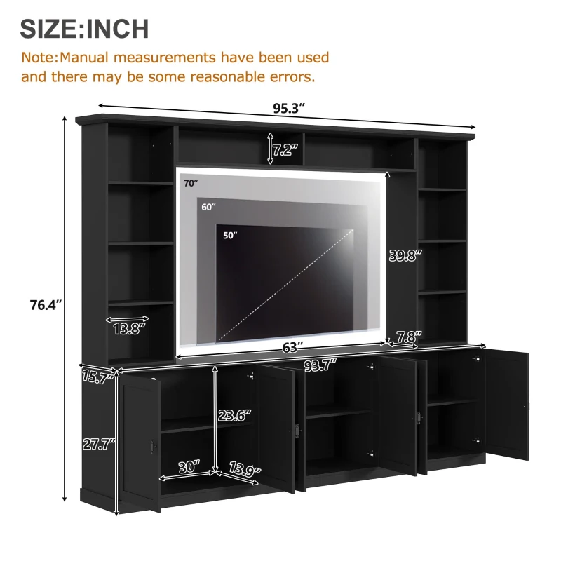Mid-Century Entertainment Centre with 7 Adjustable Shelves, 4-Piece TV Wall Unit Console with 6 Cable Holes, 95.5'' L x 15.5'' W x 76.5'' H, Black