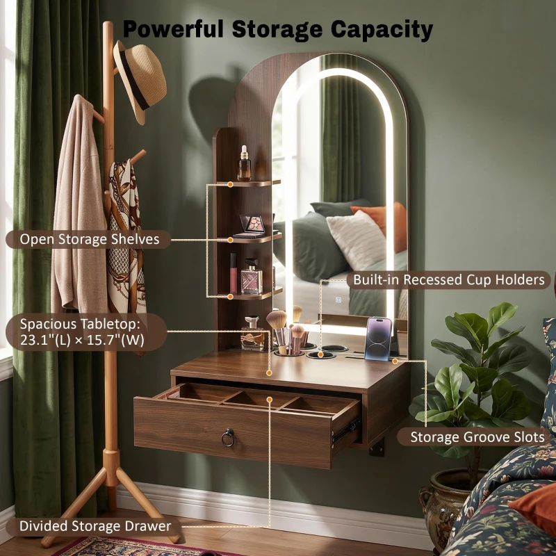 Modern Floating Makeup Vanity with Arched Mirror, Outlet and 3-Color Lights, Versatile Wall Vanity for Bedrooms, 23'' L x 15.5" W x 48" H, Walnut
