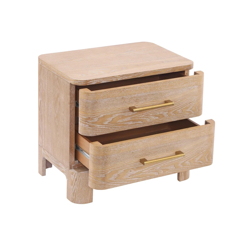 Modern Nightstand with 2 Drawers, Rounded Corners and Gold Handles, Versatile Storage Cabinet for Bedroom, 23.5'' L x 15.5" W x 22.5" H, Natural