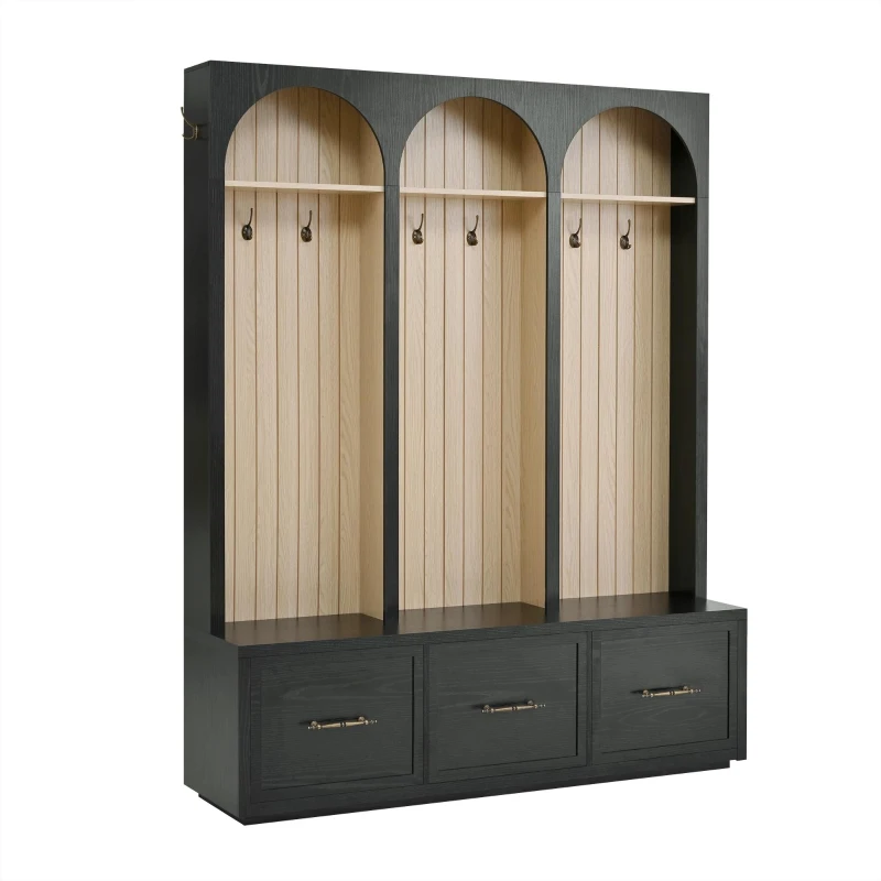 Farmhouse Hall Tree Coat Rack with 3 Arches and 8 Retro Hooks, Shoe Storage Bench Unit with 3 Drawers, 59'' L x 15.5'' W x 75'' H, Black