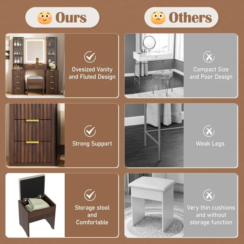 Elegant Fluted Dressing Vanity Desk with 3-Colour LED Mirror, Modern Makeup Table Unit with 10 Drawers, 43.5'' L x 15.5'' W x 54.5'' H, Brown