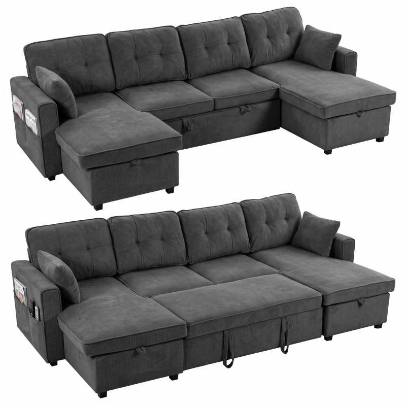 HOMCOM Sectional Sofa Bed, 113" U Shaped Pull Out Sleeper Sofa Bed with Dual Storage Chaises, Wide and Deep Seat, Dark Grey