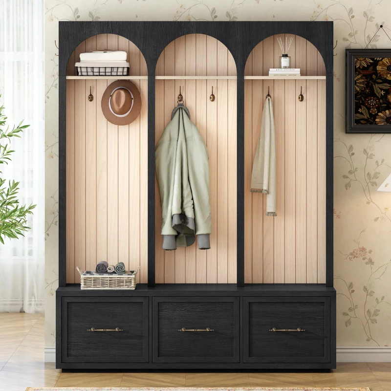 Farmhouse Hall Tree Coat Rack with 3 Arches and 8 Retro Hooks, Shoe Storage Bench Unit with 3 Drawers, 59'' L x 15.5'' W x 75'' H, Black
