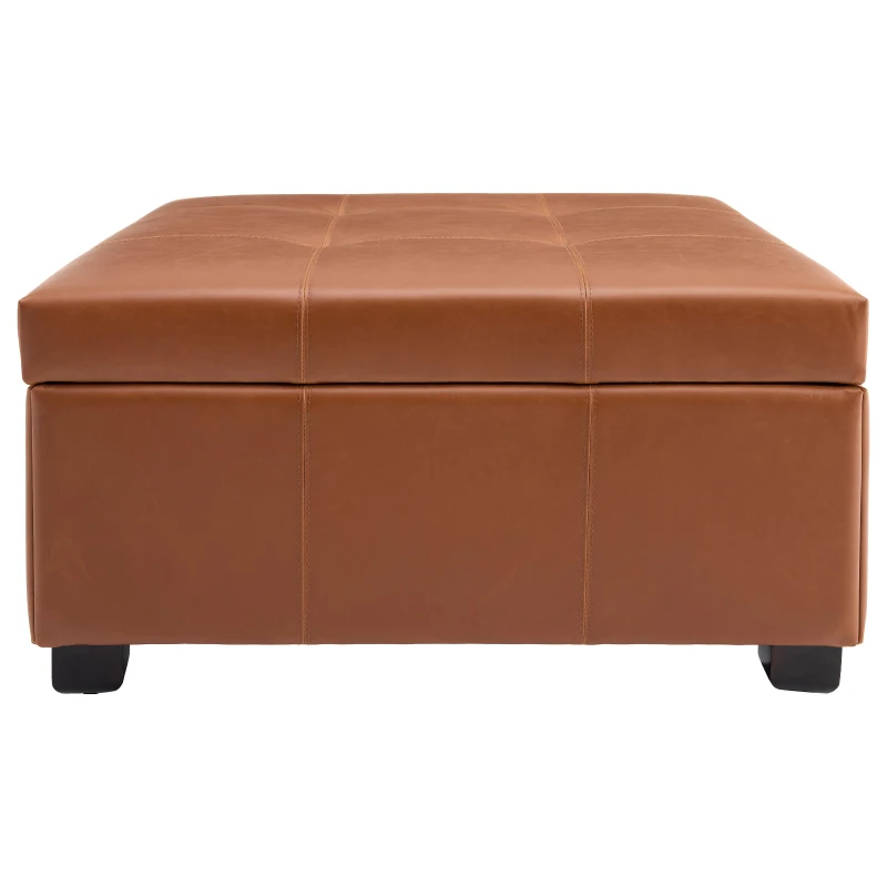 Retro-Chic Square Ottoman with Storage and Faux Leather, Versatile Coffee Table for Living Room and Bedroom, 34'' L x 34" W x 18.5" H, Caramel