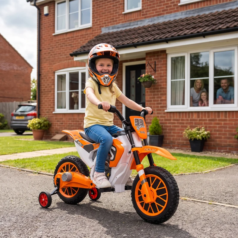 Aosom 12V Kids Motorcycle with Dual Motors, Training Wheels, Rear Suspension, Soft Start, Max Speed 5 MPH, Ages 3-6, Orange