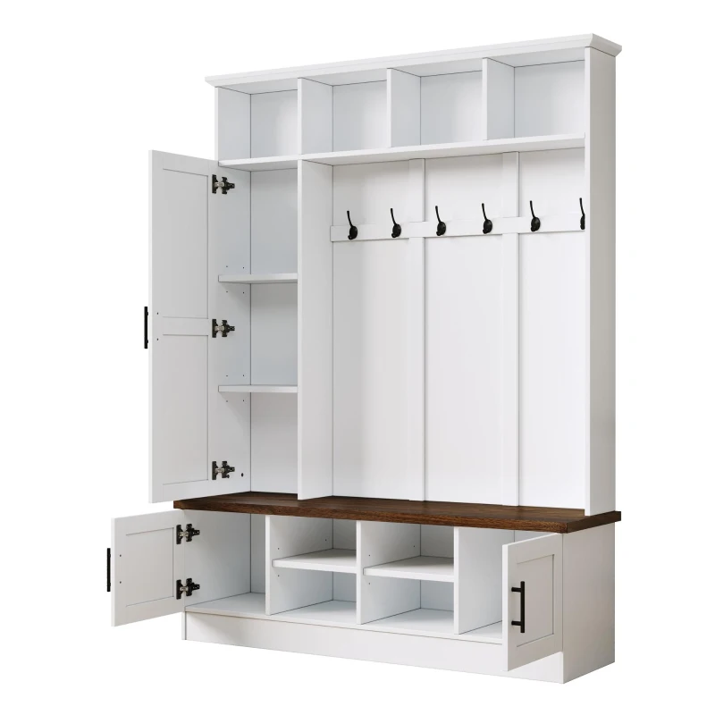 Rustic Farmhouse Hall Tree Coat Rack with Shoe Storage Bench, Heavy-Duty Storage Cabinet Unit with 6 Metal Hooks, 55'' L x 15.5'' W x 73'' H, White