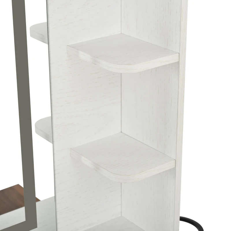 Farmhouse Makeup Vanity with LED Mirror and Outlet, Chic Dressing Table with Drawers and Stool, 37.5'' L x 15.5" W x 56" H, White+Walnut