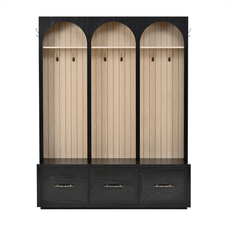 Farmhouse Hall Tree Coat Rack with 3 Arches and 8 Retro Hooks, Shoe Storage Bench Unit with 3 Drawers, 59'' L x 15.5'' W x 75'' H, Black