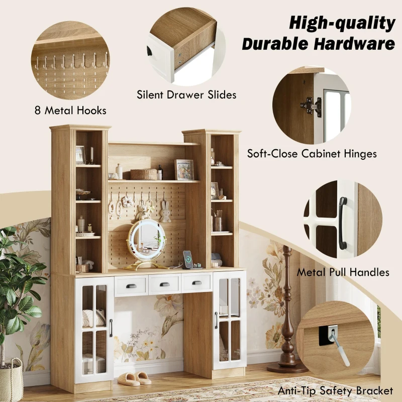 Farmhouse Makeup Vanity with LED Mirror and Power Outlet, Chic Dressing Desk with Jewelry Organizer, 54.5'' L x 15.5" W x 70" H, Natural+White