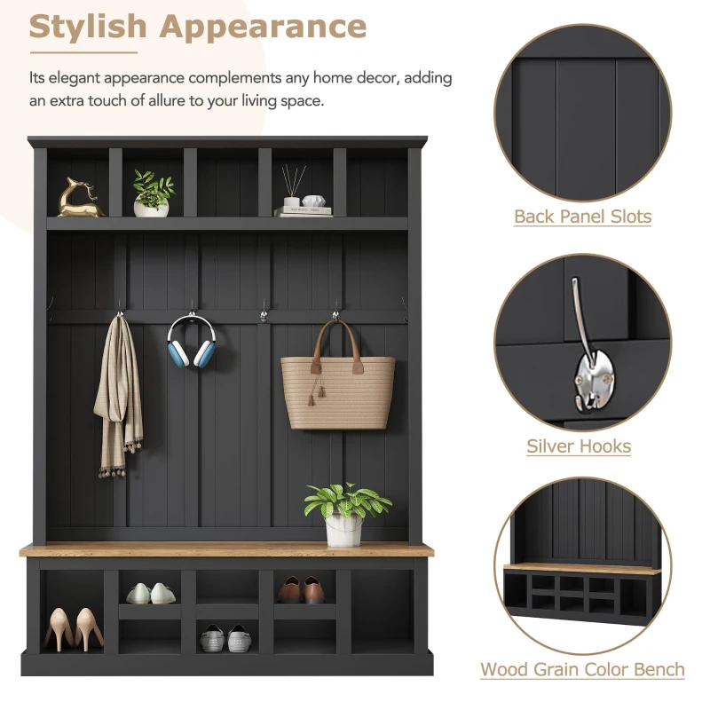 Farmhouse Hall Tree Coat Rack with 13 Compartments, Shoe Storage Bench Unit with Wide Storage Seating Bench, 59'' L x 18'' W x 79'' H, Black