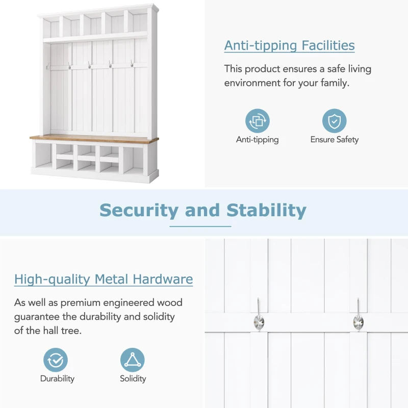 Farmhouse Hall Tree Coat Rack with 13 Compartments, Shoe Storage Bench Unit with Wide Storage Seating Bench, 59'' L x 18'' W x 79'' H, White