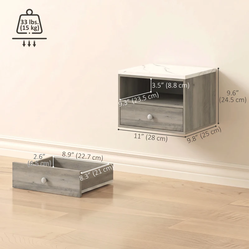 HOMCOM Floating Bedside Tables Set of 2 with Drawer, Open Storage and White Marble Effect Top for Bedroom, Natural