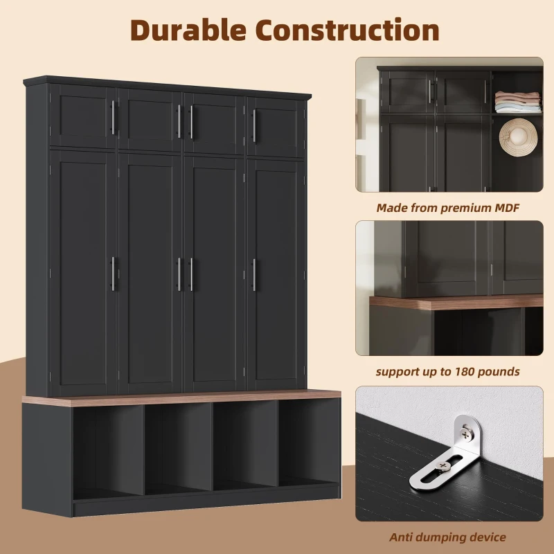 Rustic Farmhouse Hall Tree with 8 Storage Doors, Heavy-Duty Shoe Storage Bench Unit with 4 Bottom Compartments, 59'' L x 15.5'' W x 75'' H, Black