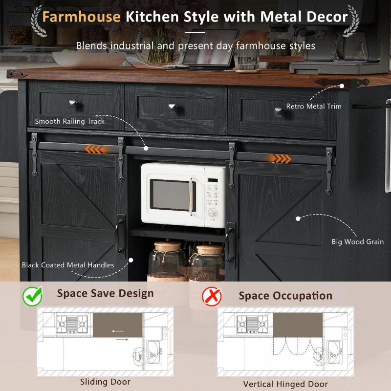 Farmhouse Kitchen Island with Power Outlet, Drop Leaf and Sliding Barn Doors, Versatile Rolling Cart for Kitchen, 53.5'' L x 18.5" W x 37" H, Black
