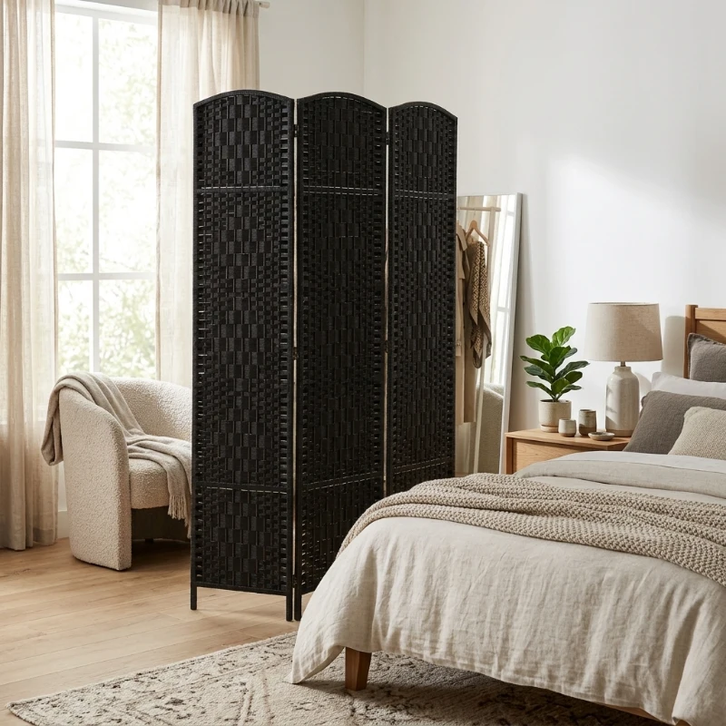 HOMCOM Room Divider 3 Panel, 6FT Tall Folding Privacy Screen, Freestanding Hand-Woven Partition for Room Separation with 360° Hinges, Paper Rope Diamond Weave, Black