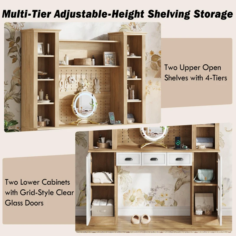 Farmhouse Makeup Vanity with LED Mirror and Power Outlet, Chic Dressing Desk with Jewelry Organizer, 54.5'' L x 15.5" W x 70" H, Natural+White