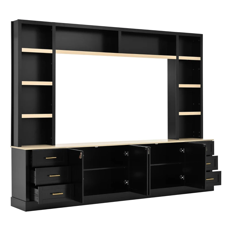 Rustic Farmhouse Entertainment Centre with 6 Storage Drawers, Modern TV Wall Unit with Adjustable Shelves, 98.5'' L x 15.5'' W x 79.5'' H, Black