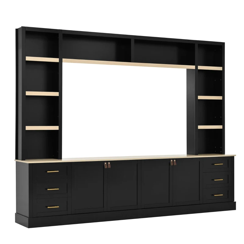 Rustic Farmhouse Entertainment Centre with 6 Storage Drawers, Modern TV Wall Unit with Adjustable Shelves, 98.5'' L x 15.5'' W x 79.5'' H, Black