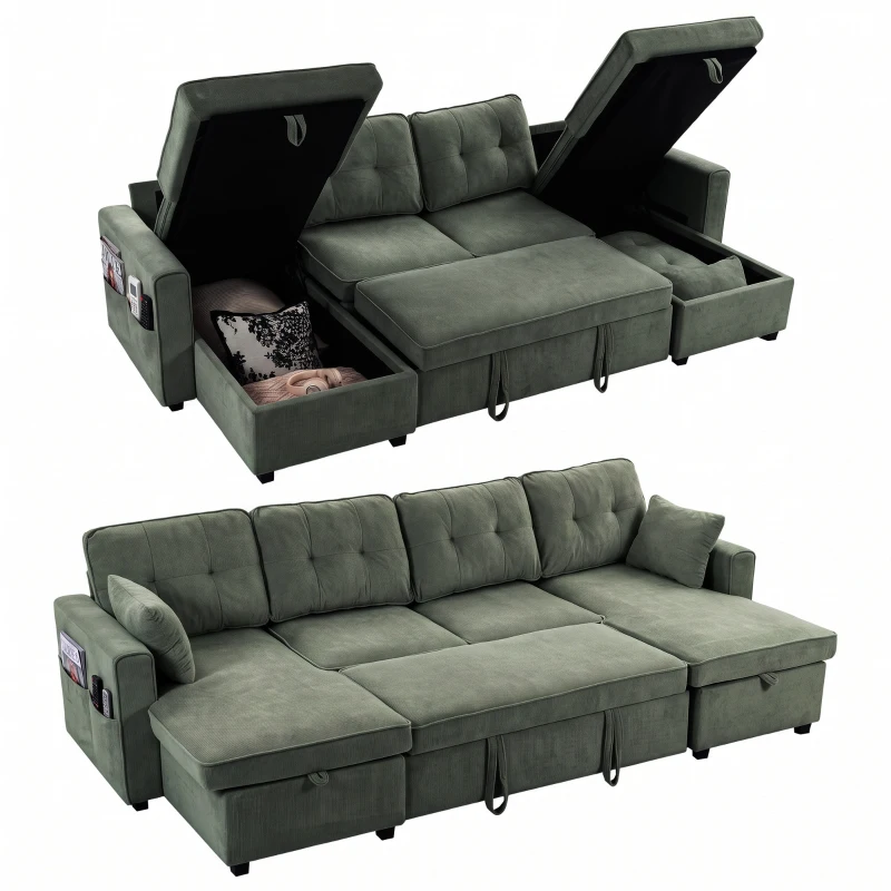 HOMCOM Sectional Sofa Bed, 113" U Shaped Pull Out Sleeper Sofa Bed with Dual Storage Chaises, Wide and Deep Seat, Green