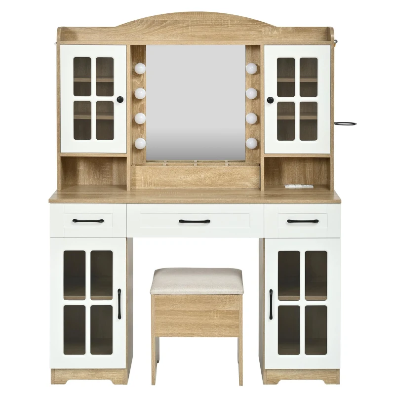 Farmhouse Makeup Vanity with Lighted Mirror and Outlet, Chic Dressing Table with Drawers and Stool, 47'' L x 15.5" W x 61.5" H, Natural+White