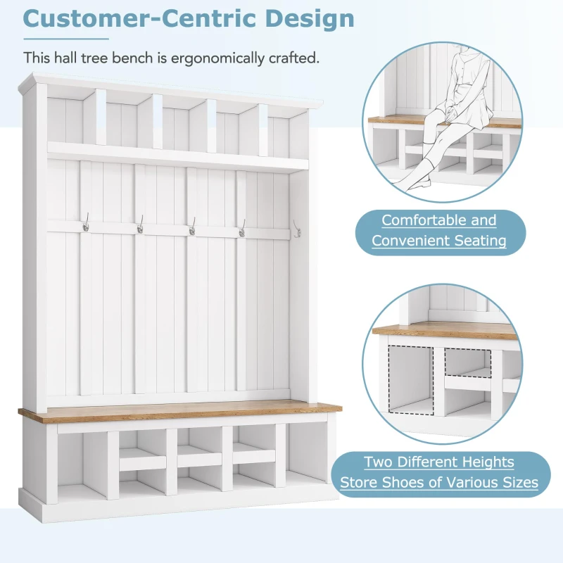 Farmhouse Hall Tree Coat Rack with 13 Compartments, Shoe Storage Bench Unit with Wide Storage Seating Bench, 59'' L x 18'' W x 79'' H, White