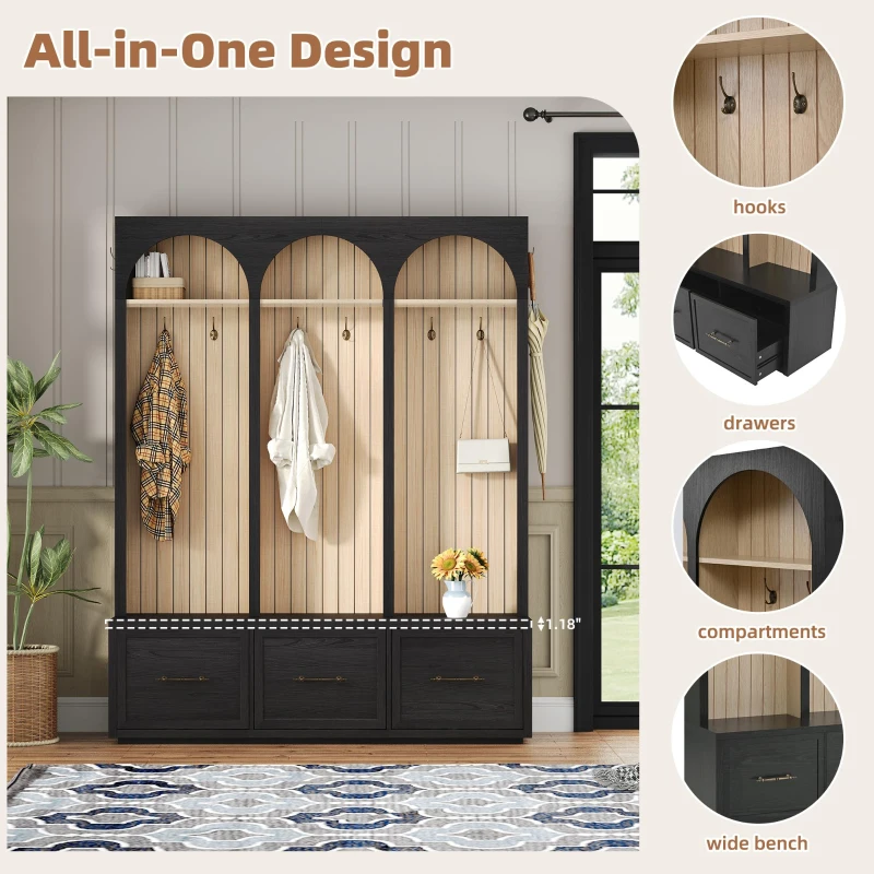 Farmhouse Hall Tree Coat Rack with 3 Arches and 8 Retro Hooks, Shoe Storage Bench Unit with 3 Drawers, 59'' L x 15.5'' W x 75'' H, Black