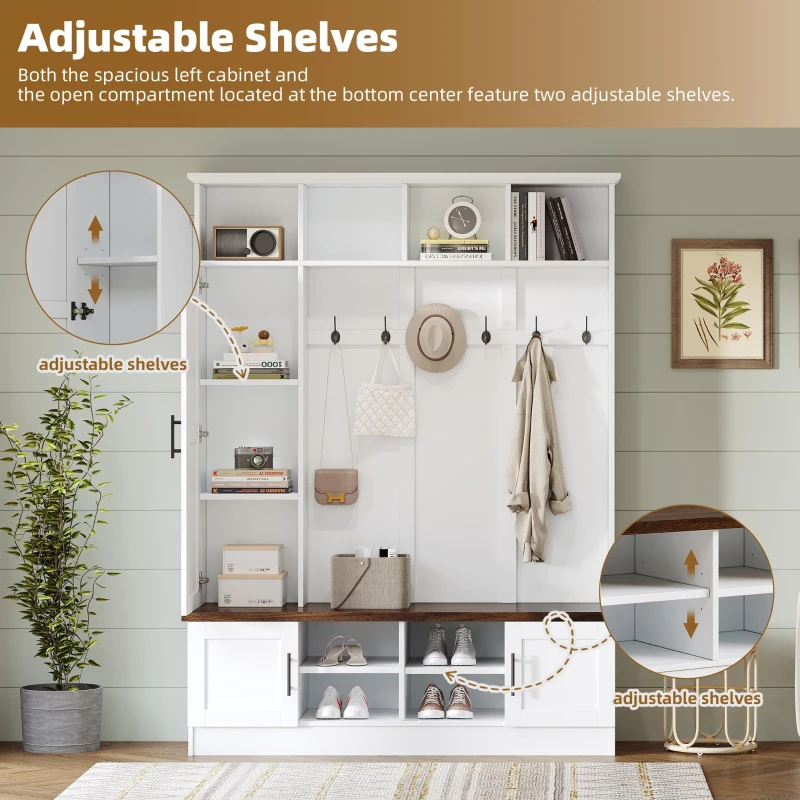 Rustic Farmhouse Hall Tree Coat Rack with Shoe Storage Bench, Heavy-Duty Storage Cabinet Unit with 6 Metal Hooks, 55'' L x 15.5'' W x 73'' H, White