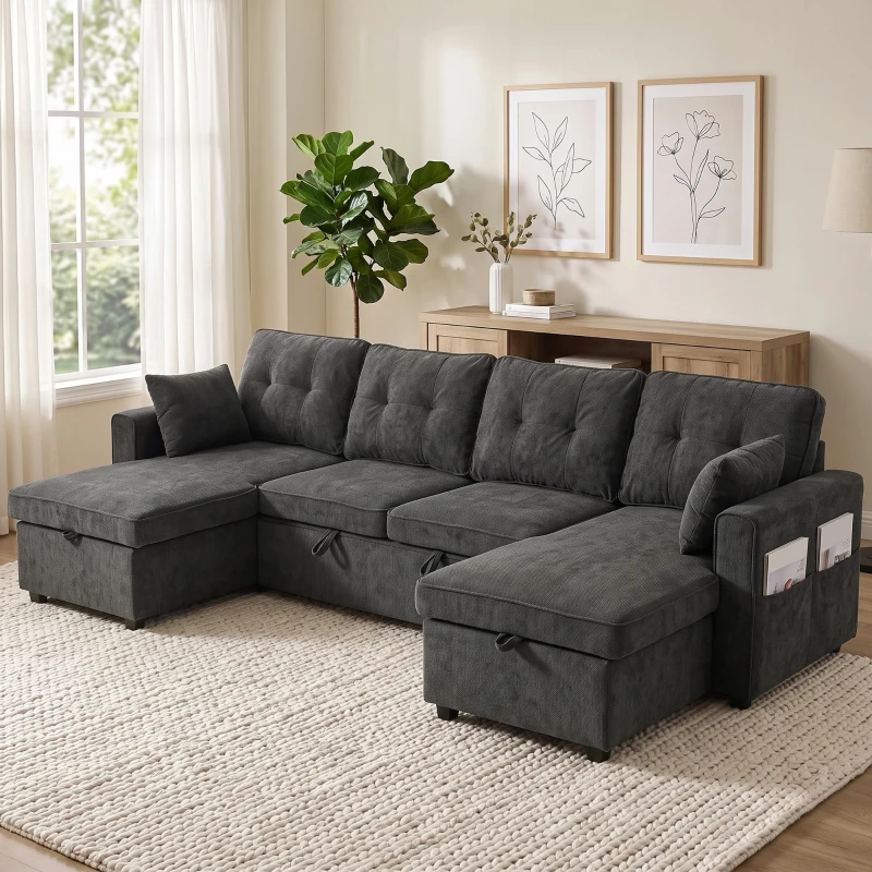 HOMCOM Sectional Sofa Bed, 113" U Shaped Pull Out Sleeper Sofa Bed with Dual Storage Chaises, Wide and Deep Seat, Dark Grey