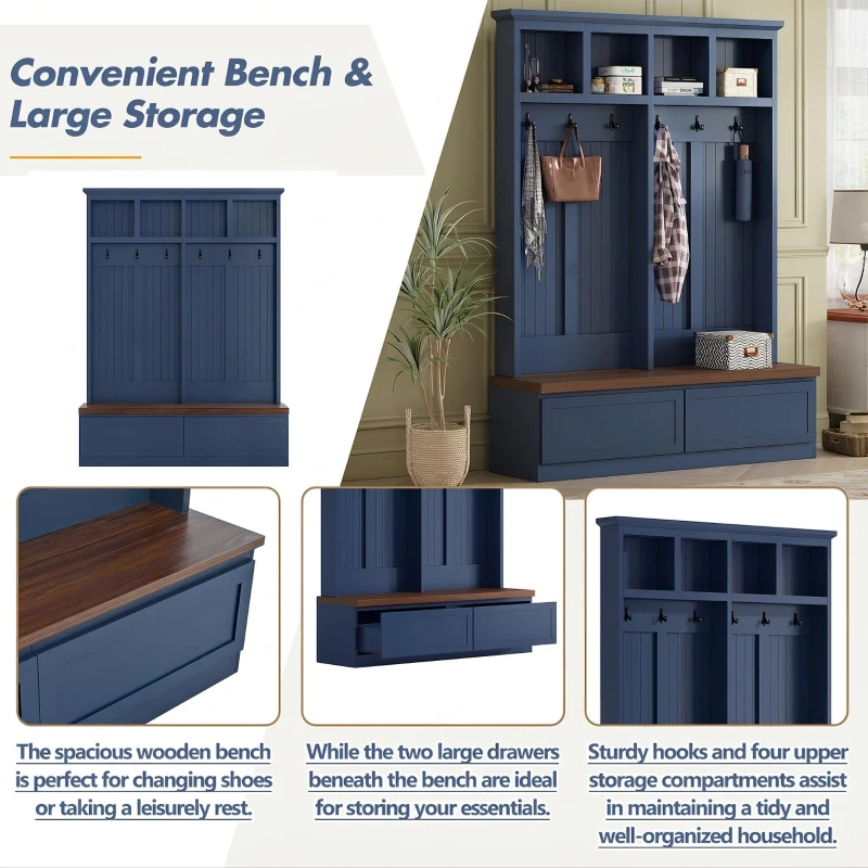 Rustic Farmhouse 4-in-1 Hall Tree Coat Rack with 2 Large Drawers, Shoe Storage Bench Unit with 6 Hooks, 53'' L x 15'' W x 75.5'' H, Blue