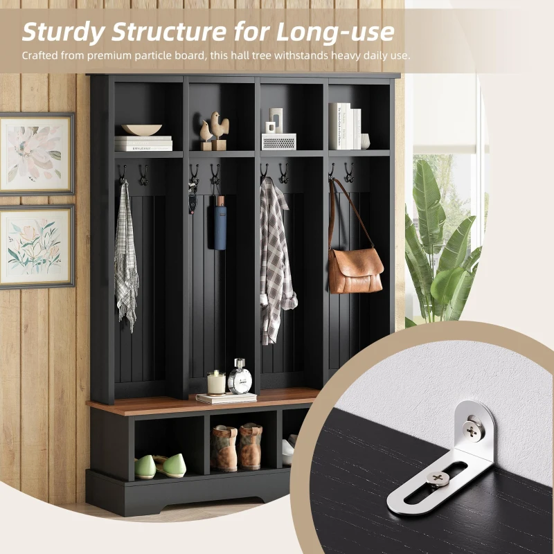 Farmhouse Hall Tree Coat Rack with 8 Retro Hooks, Shoe Bench Unit with 8 Storage Compartments, 59'' L x 15.5'' W x 76.5'' H, Black