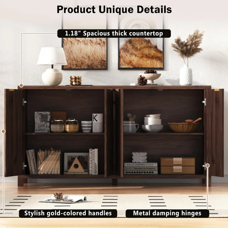 Elegant Fluted Buffet Cabinet with Sculpted Doors, Farmhouse Storage Sideboard for Kitchen Dining Living Room, 55" L × 15.5" W × 33" H, Brown