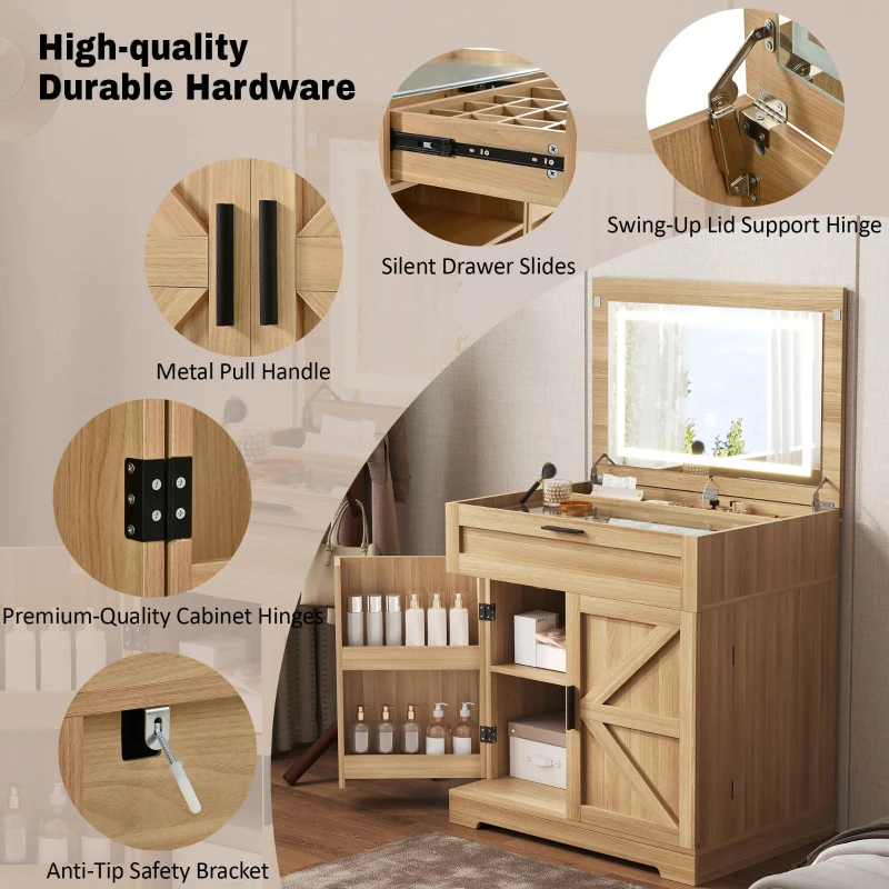 Versatile 3-in-1 Flip Top Makeup Vanity Cabinet with LED Lighted Mirror, Rustic Dressing Table for Bedroom, 26.5'' L x 19.5" W x 29.5" H, Natural