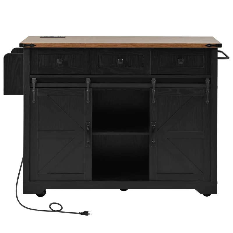 Farmhouse Kitchen Island with Power Outlet, Drop Leaf and Sliding Barn Doors, Versatile Rolling Cart for Kitchen, 53.5'' L x 18.5" W x 37" H, Black