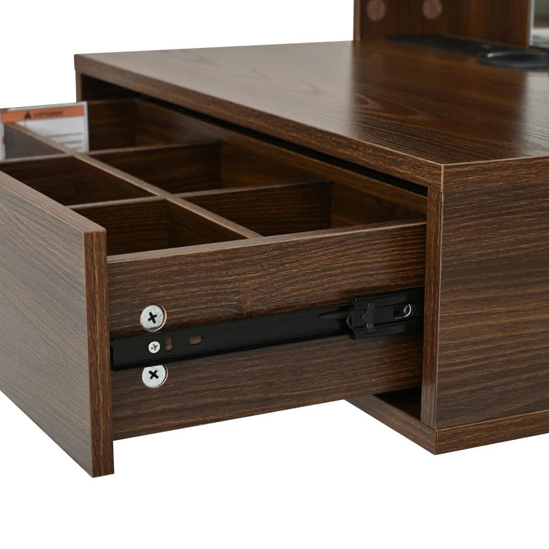 Modern Floating Makeup Vanity with Arched Mirror, Outlet and 3-Color Lights, Versatile Wall Vanity for Bedrooms, 23'' L x 15.5" W x 48" H, Walnut