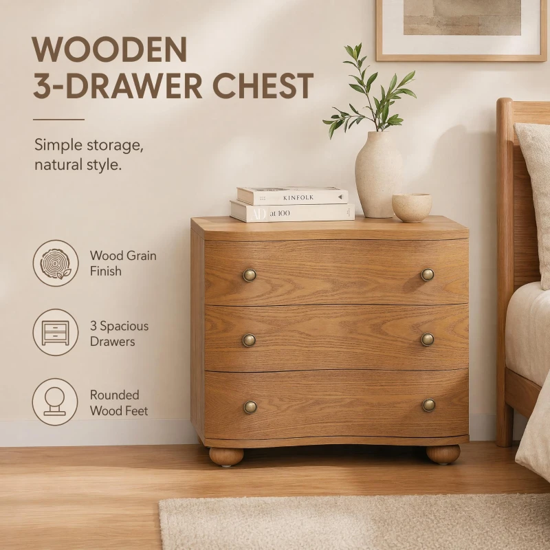 Retro Modern Nightstand Set of 2 with 3 Wave Drawers, Wooden Bedside Storage Tables with Bulbous Feet, 23.5'' L x 15.5'' W x 22.5'' H, Brown