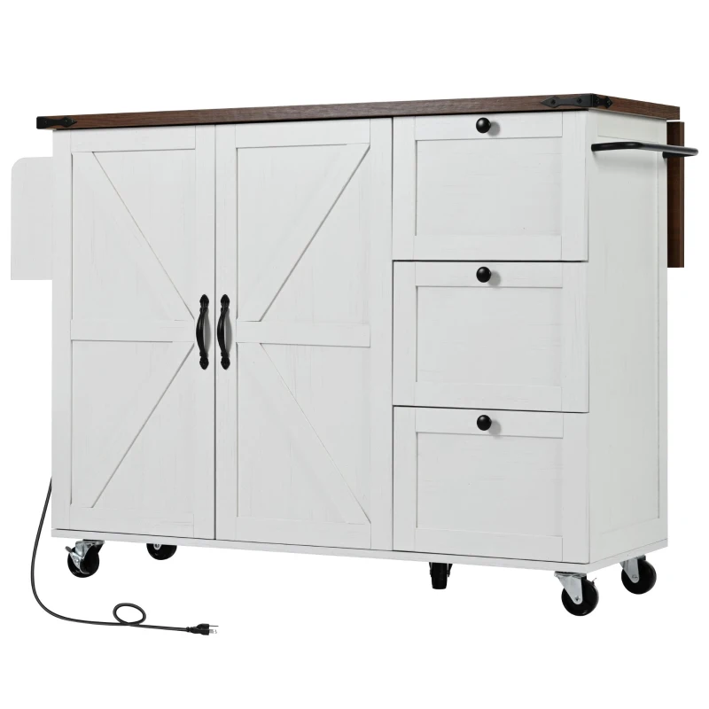 Farmhouse Kitchen Island with Power Outlet and Drop Leaf, Versatile Rolling Cart with Spice Rack and Storage, 54.5'' L x 28.5" W x 36.5" H, White