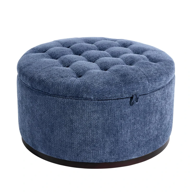 Elegant Round Storage Ottoman with Tufted Chenille and Removable Lid, Versatile Coffee Table for Living Room, 28'' L x 28" W x 16.5" H, Blue