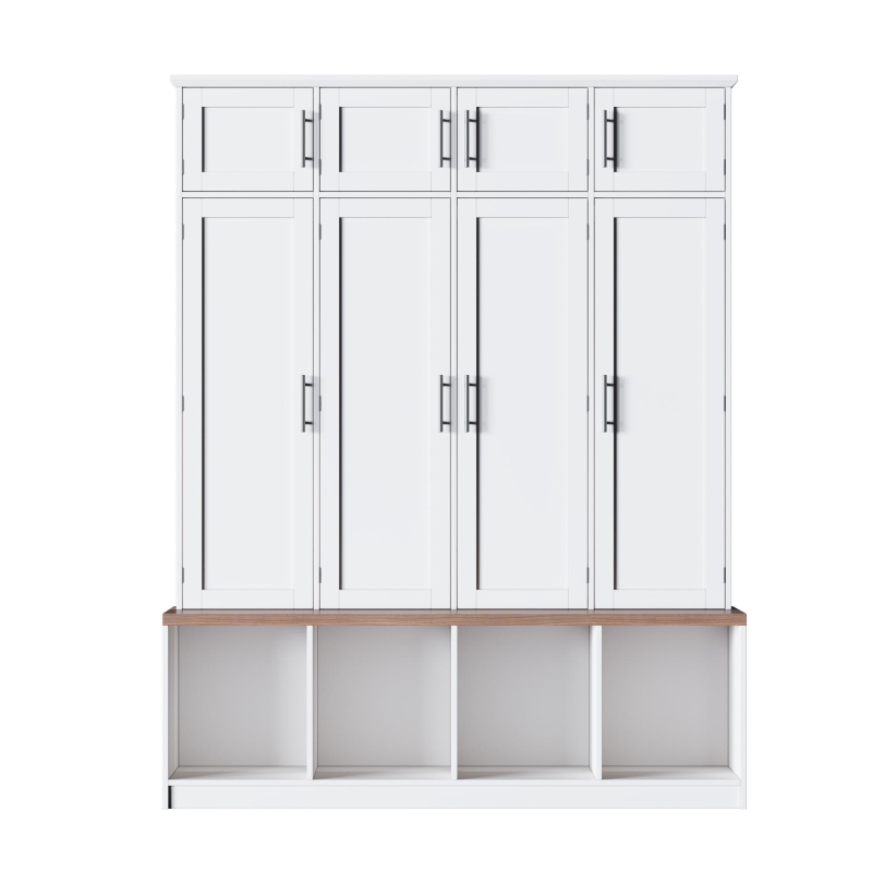 Rustic Farmhouse Hall Tree with 8 Storage Doors, Heavy-Duty Shoe Storage Bench Unit with 4 Bottom Compartments, 59'' L x 15.5'' W x 75'' H, White