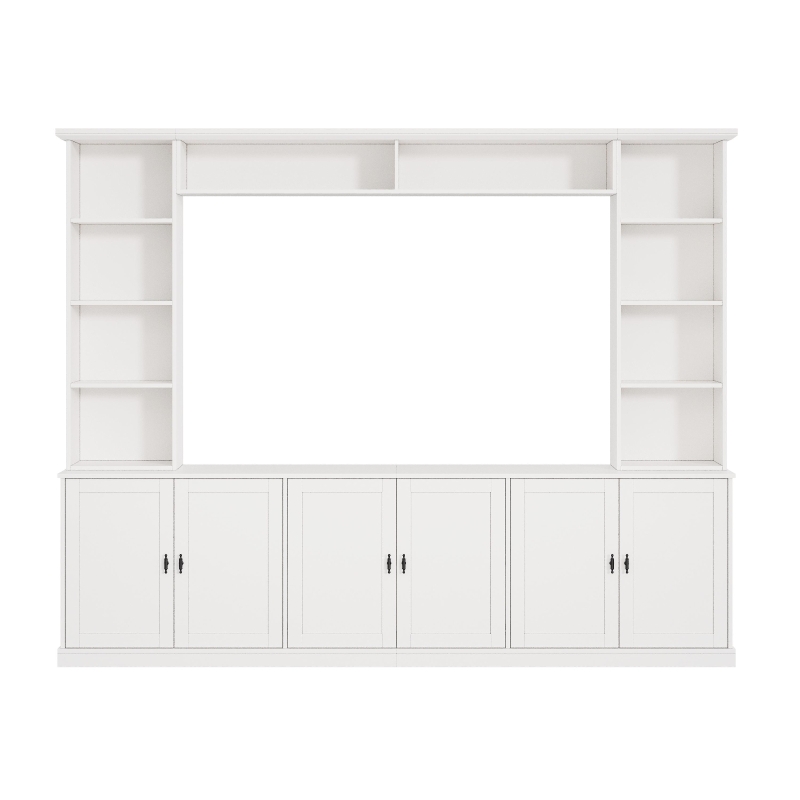 Rustic Farmhouse Entertainment Centre with 7 Adjustable Shelves, Modern TV Wall Unit with Panelled Doors, 95.5'' L x 15.5'' W x 76.5'' H, White