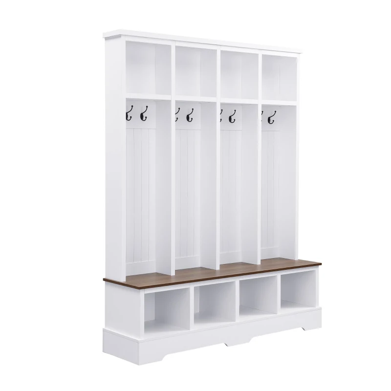 Farmhouse Hall Tree Coat Rack with 8 Retro Hooks, Shoe Bench Unit with 8 Storage Compartments, 59'' L x 15.5'' W x 76.5'' H, White
