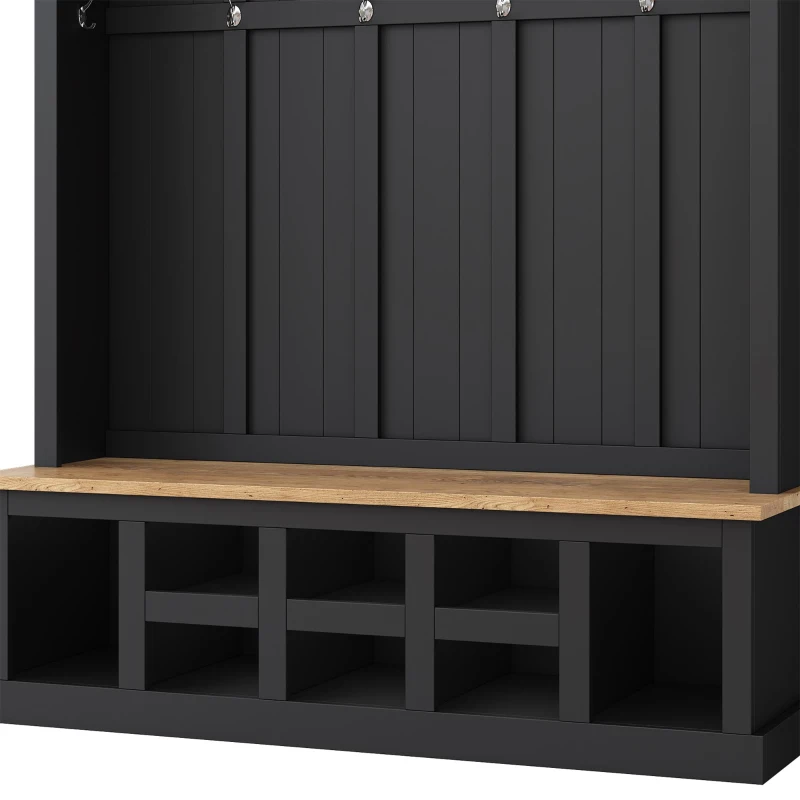 Farmhouse Hall Tree Coat Rack with 13 Compartments, Shoe Storage Bench Unit with Wide Storage Seating Bench, 59'' L x 18'' W x 79'' H, Black