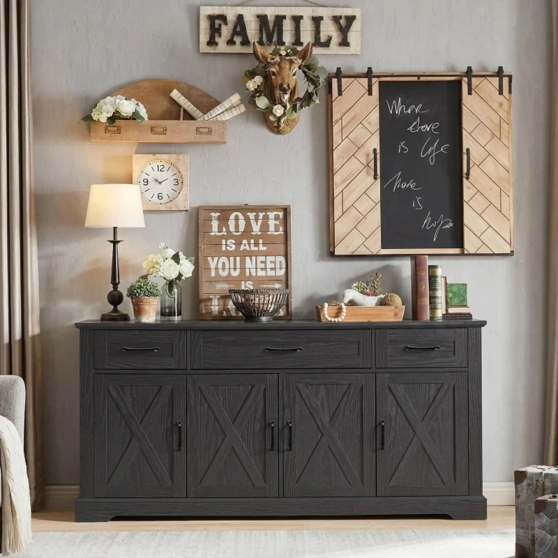 Farmhouse Buffet Cabinet with Metal Hardware and Wood Grain, Sturdy Sideboard for Kitchen and Dining Room, 55'' L x 15.5" W x 32" H, Ash Black