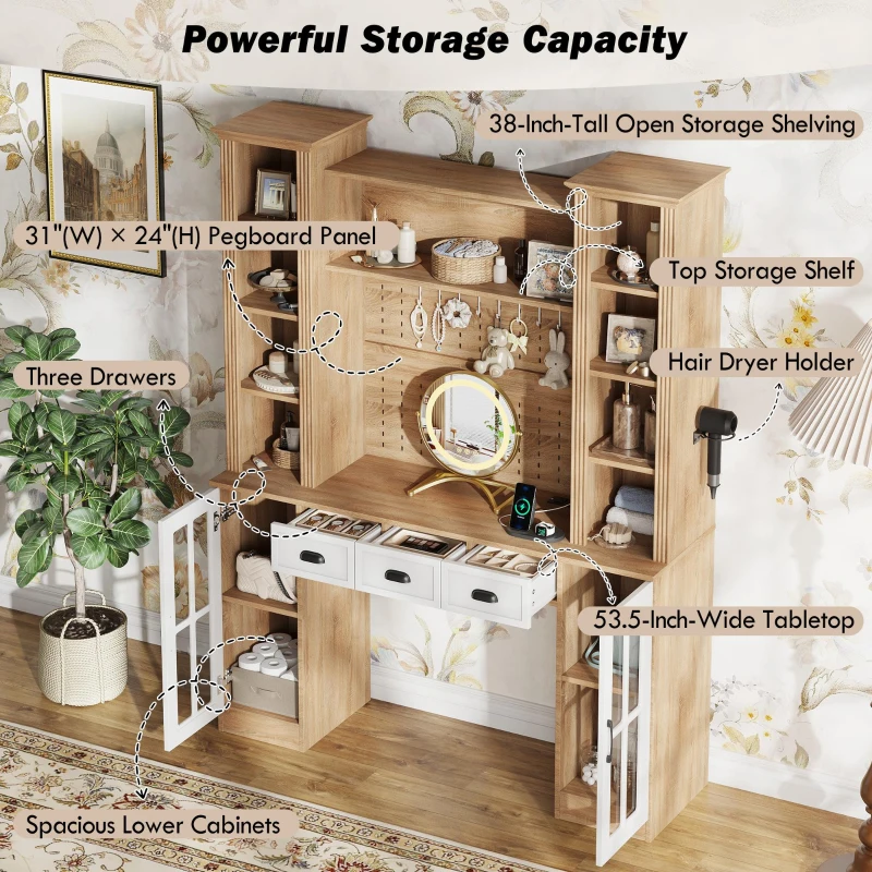Farmhouse Makeup Vanity with LED Mirror and Power Outlet, Chic Dressing Desk with Jewelry Organizer, 54.5'' L x 15.5" W x 70" H, Natural+White