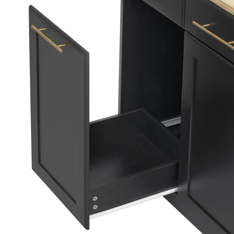 Vintage Kitchen Island with Trash Storage and Organizers, Versatile Rolling Cart with Power Outlet and Spice Rack, 59'' L x 29.5" W x 35.5" H, Black