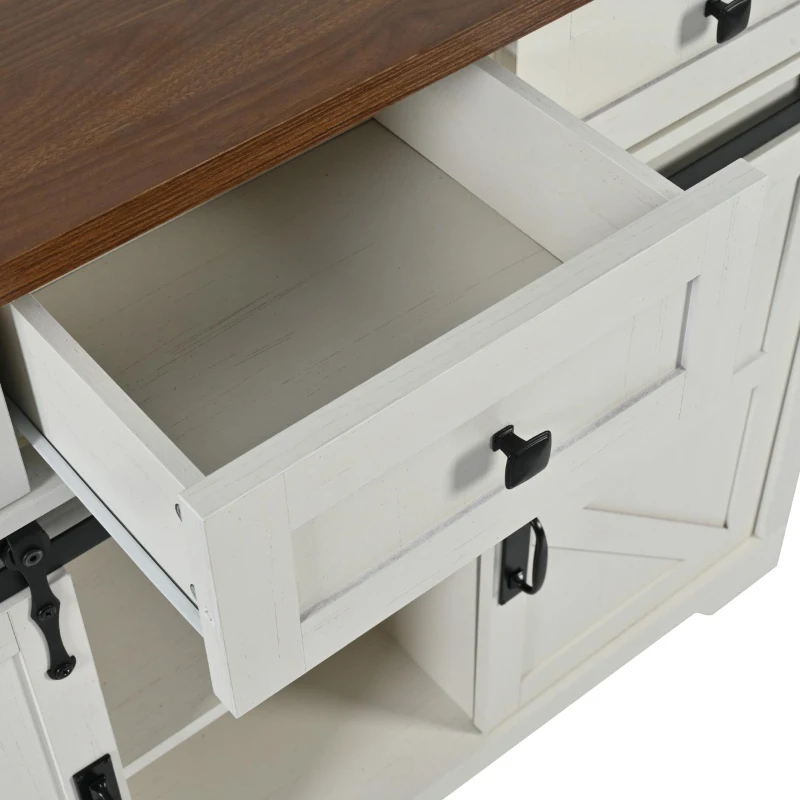 Farmhouse Kitchen Island with Power Outlet, Drop Leaf and Sliding Barn Doors, Versatile Rolling Cart for Kitchen, 53.5'' L x 18.5" W x 37" H, White