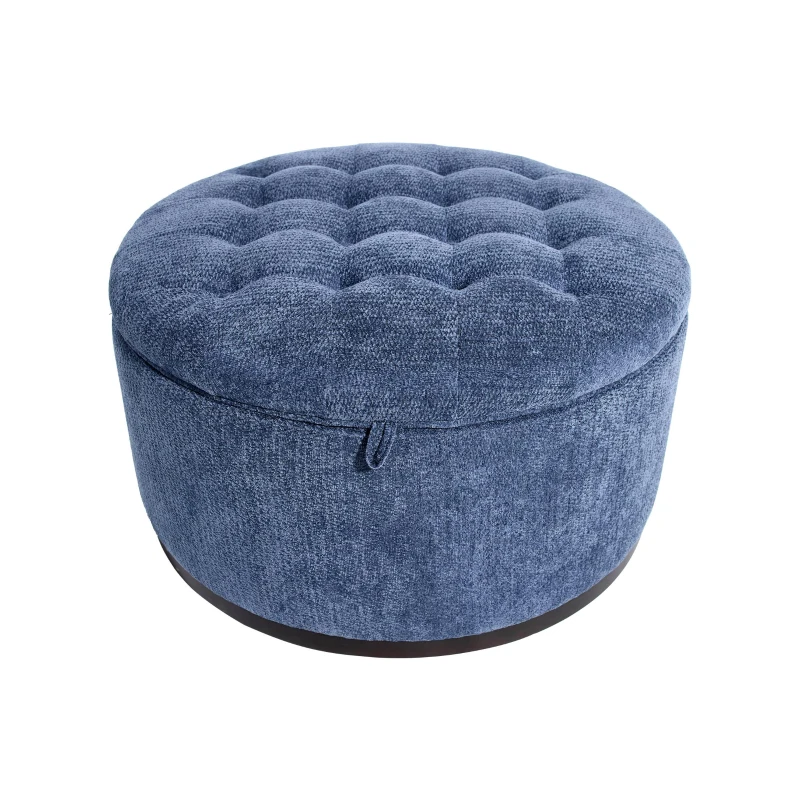 Elegant Round Storage Ottoman with Tufted Chenille and Removable Lid, Versatile Coffee Table for Living Room, 28'' L x 28" W x 16.5" H, Blue