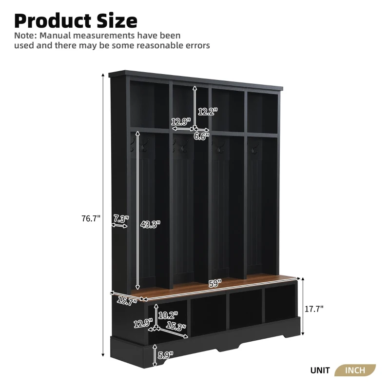 Farmhouse Hall Tree Coat Rack with 8 Retro Hooks, Shoe Bench Unit with 8 Storage Compartments, 59'' L x 15.5'' W x 76.5'' H, Black