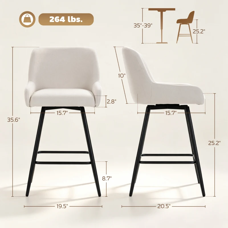 HOMCOM Kitchen Island Chairs Counter Height Bar Stools with Swivel Linen Seat and Footrest, Cream White